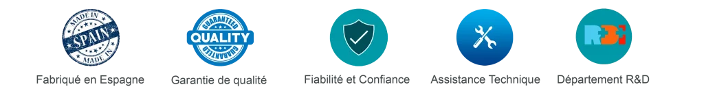 Des icônes qui représentent le « Made in Spain », l'assurance qualité, la fiabilité, le support technique et le département R&D dans le domaine des équipements esthétiques.