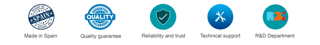 Icons that represent made in Spain, quality assurance, reliability, technical support and R&D department in aesthetic equipment.