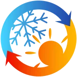 Icône circulaire avec des flèches bleues et rouges, un flocon de neige et un soleil, représentant les contrastes thermiques dans les traitements esthétiques.