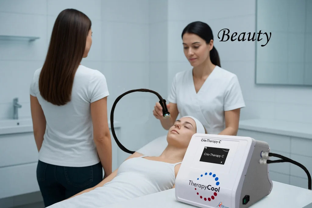 Facial aesthetic treatment with the Crio Therapy C equipment applying controlled cold to improve skin quality in a professional beauty center.