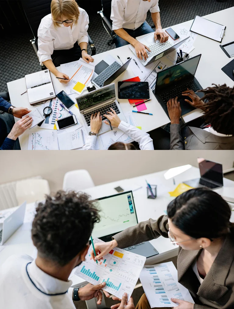 Équipe de professionnels analysant des données et travaillant avec des ordinateurs et des documents dans un environnement de recherche et développement technologique.