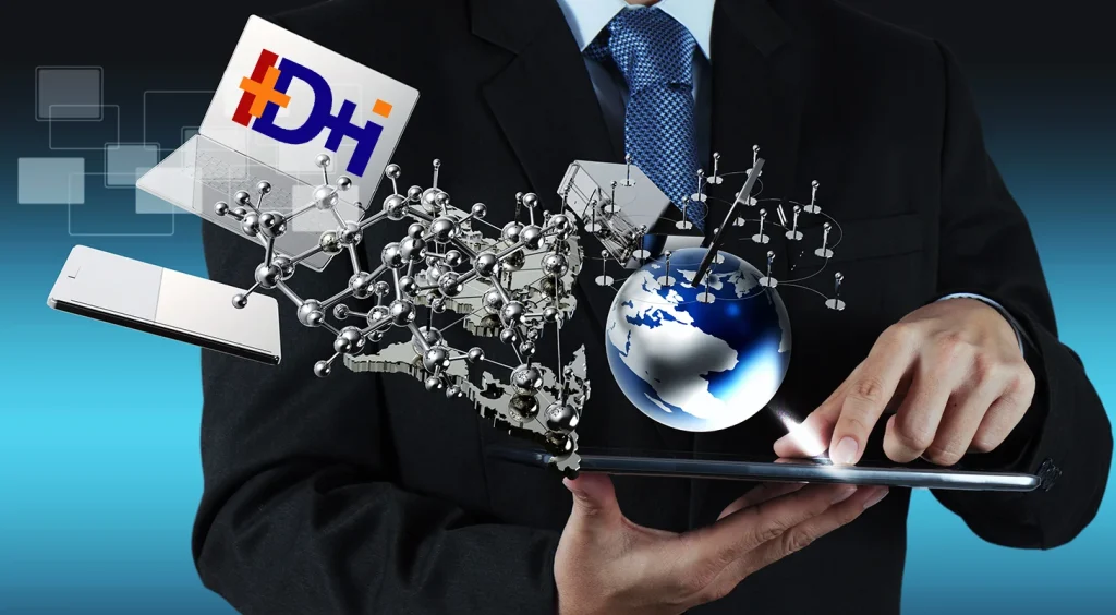 Concept of research and technological development with digital elements, molecules and global network on a tablet, representing the innovation of ARB Systems in aesthetic equipment and muscle recovery.