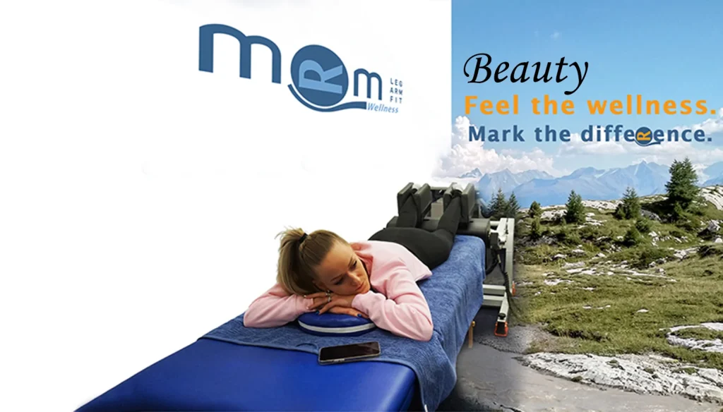 Person lying on a treatment table using the MRM Wellness device, with a mountainous landscape in the background and the slogan “Feel the wellness. Mark the difference.”