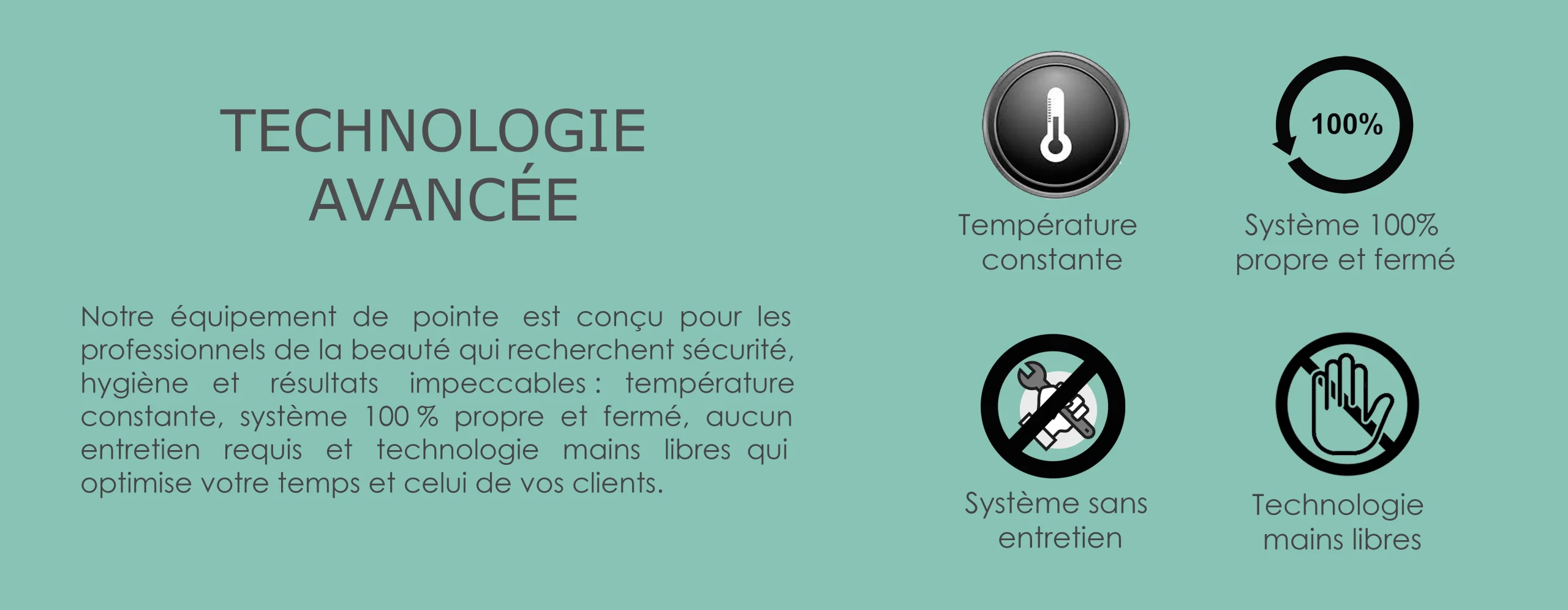 Image informative avec le texte « Technologie avancée » et plusieurs icônes représentant une température constante, un système 100 % propre et fermé, un système sans entretien et une technologie mains libres.