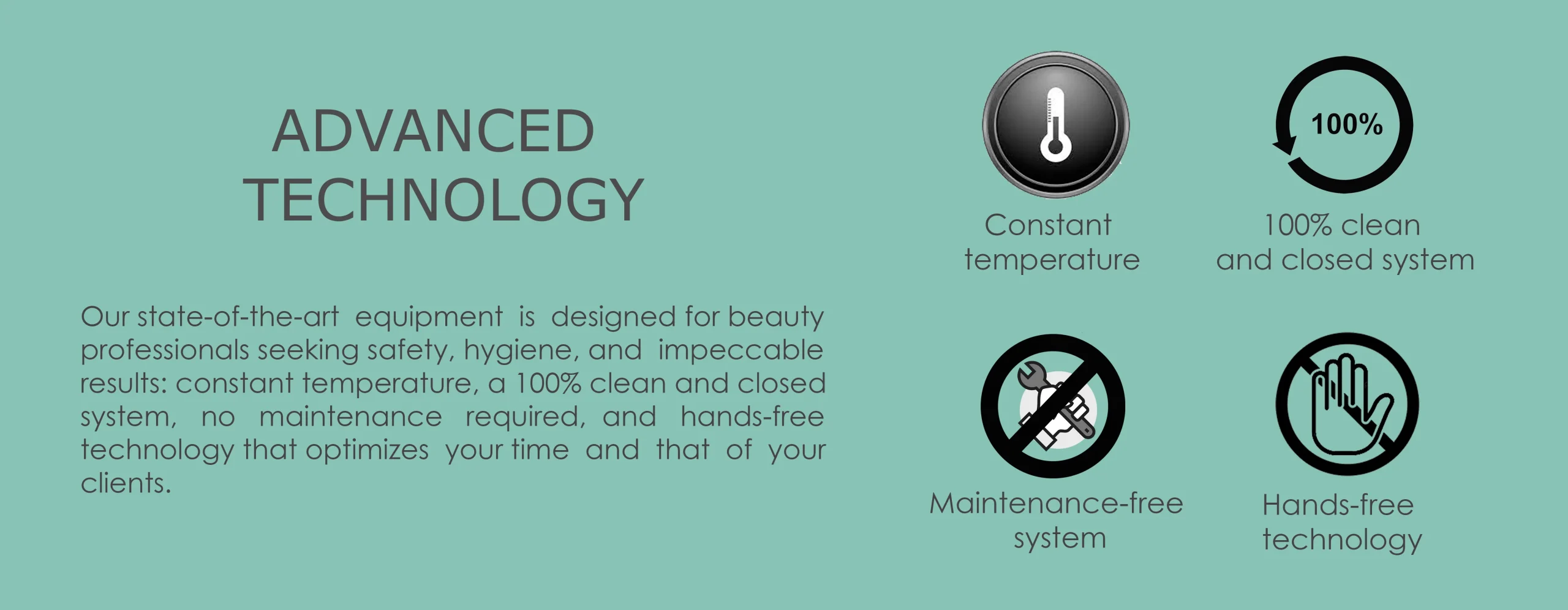 Informative image with the text “Advanced Technology” and several icons representing constant temperature, 100% clean and closed system, maintenance-free system and hands-free technology.