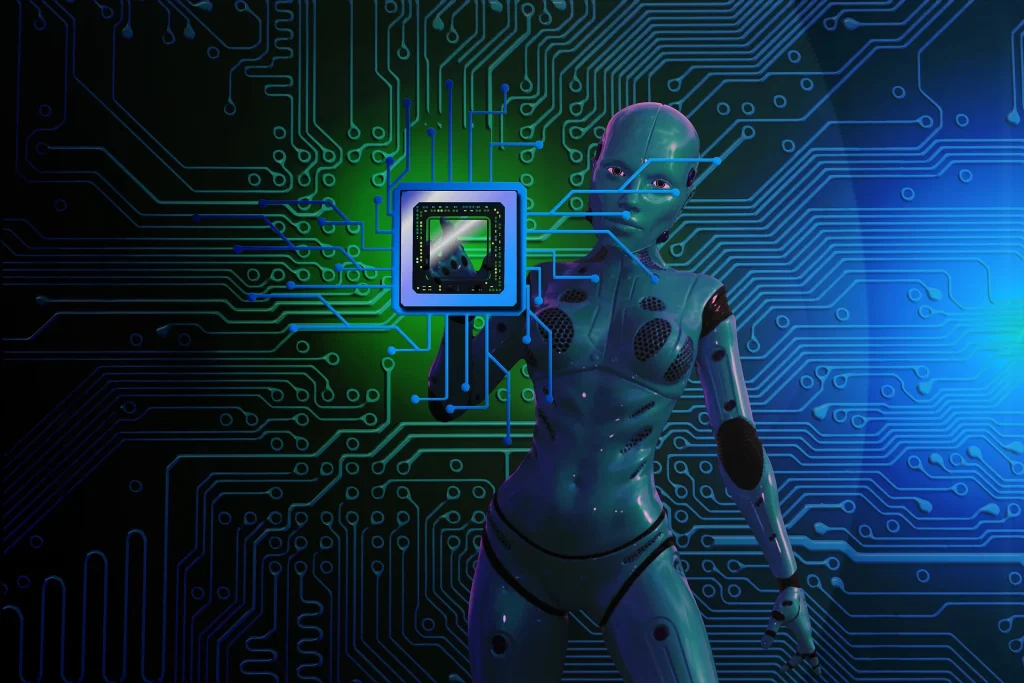Conceptual image of advanced technology with humanoid figure and microchip, representing innovation in state-of-the-art professional aesthetic equipment.