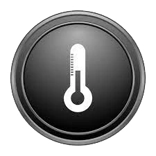 Circular black icon with a thermometer in the center, symbolizing the automatic and stable regulation of the temperature in cold and heat.
