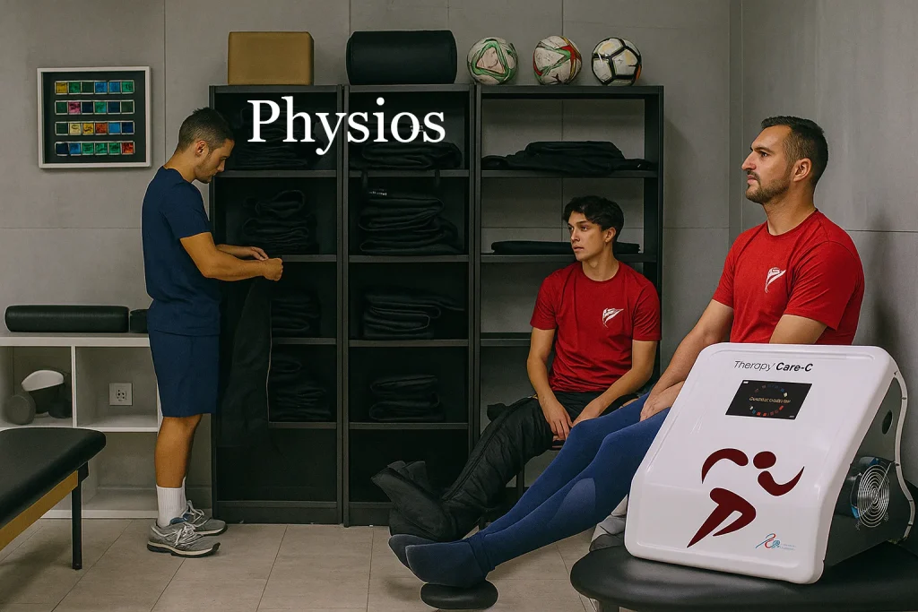Centre de récupération sportive avec l'équipe Therapy Care C et des athlètes utilisant un système de cryothérapie sans glace et une compression hydraulique séquentielle.