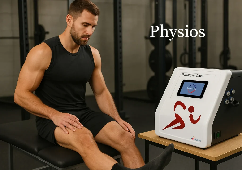 Athlete seated next to the Therapy Care team in a sports environment, using cryotherapy and thermotherapy technology for muscle recovery.