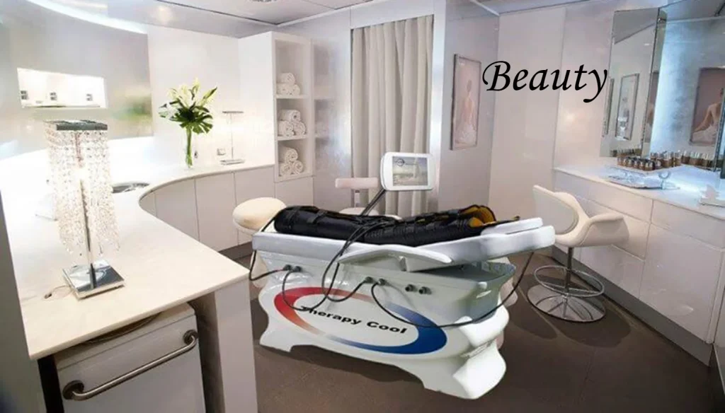 Cabine du centre de beauté équipée du système Therapy Cool de dernière génération pour les traitements de cryothérapie, de thermothérapie et de contraste thermique.