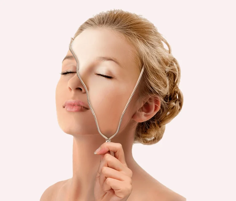 Woman with symbolic zipper on her face representing rejuvenation and facial treatments such as hydration, oxygenation, exfoliation and cryo-aesthetics.