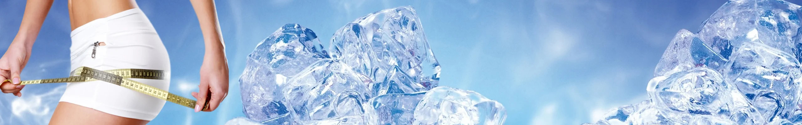 Image of a female measuring silhouette her waist next to ice cubes, representing aesthetic treatments with cold technology and visible body results.