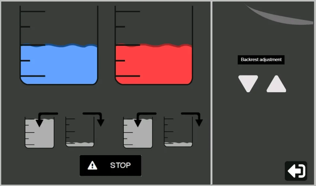 Control screen that displays the hot and cold tanks with draining options and automatic filling indications.