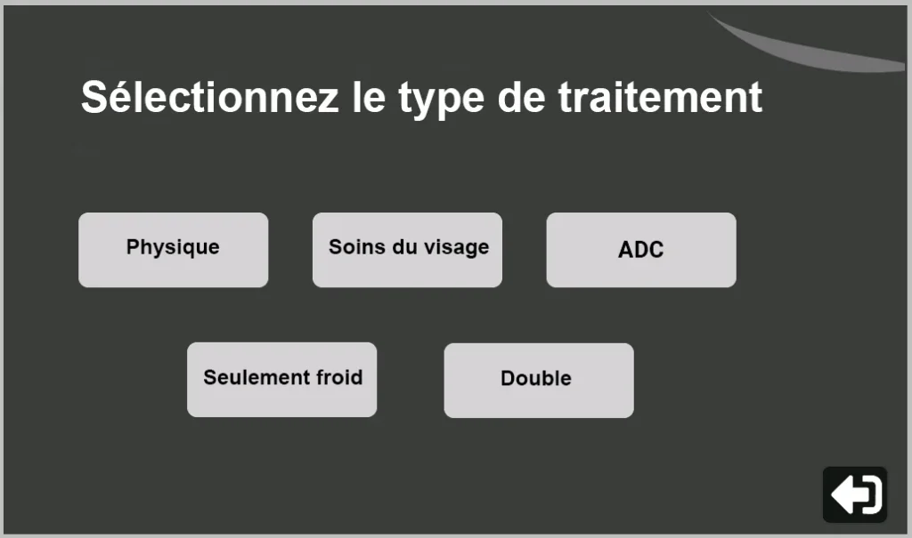 L'écran tactile de l'appareil affiche le menu principal avec des options pour les soins du corps, les soins du visage, ADC Froid uniquement et Duals pour une configuration rapide et sûre.