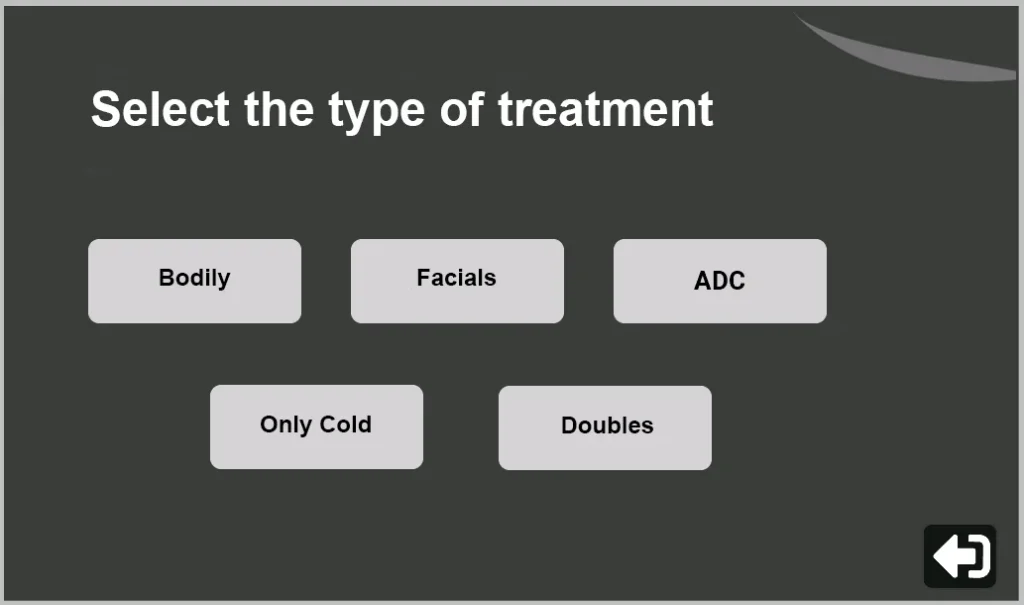 The touchscreen of the device displays the main menu with options for body treatments, facial treatments, ADC Cold Only and Duals for quick and safe setup.