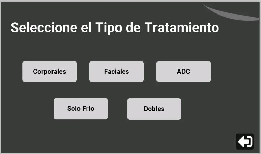 Pantalla táctil del equipo de aparatología mostrando el menú principal con opciones de tratamientos corporales, faciales, ADC Solo Frío y Dobles para una configuración rápida y segura.