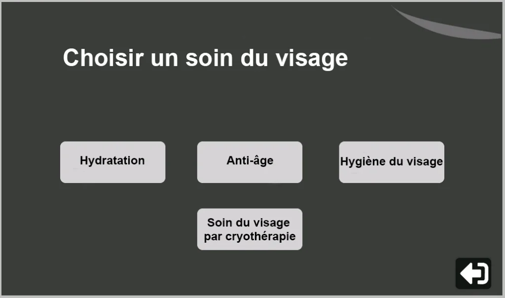 L'écran tactile de l'appareil esthétique affiche le menu de sélection des traitements avec des catégories claires : Corps, Visage (Hydratation, Anti-âge, Hygiène, Cryo-soin du visage), ADC Froid uniquement et Doubles.