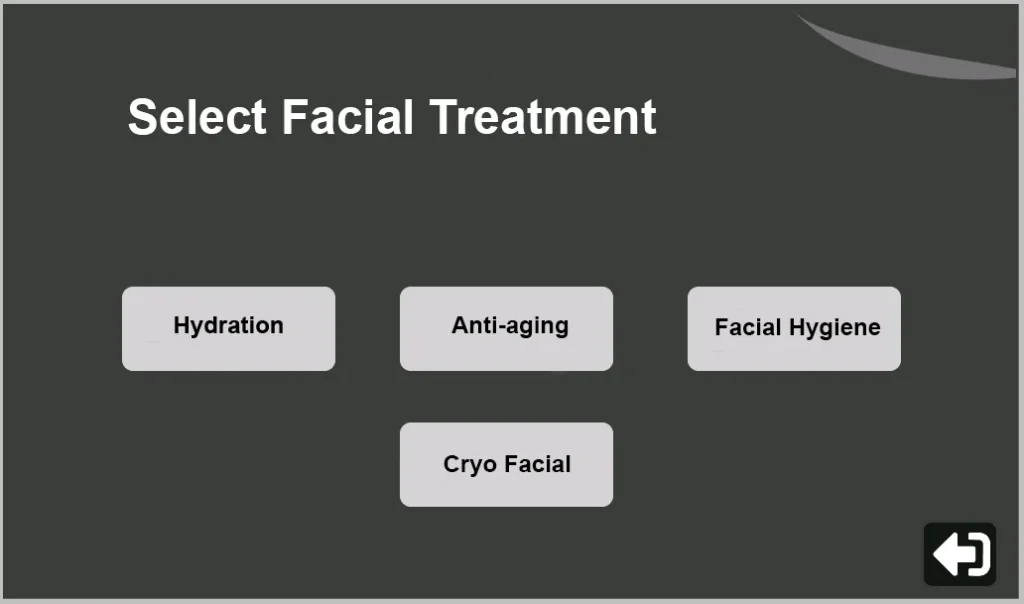 The aesthetic device's touchscreen displays the treatment selection menu with clear categories: Body, Facial (Hydration, Anti-aging, Hygiene, Cryo Facial), ADC Cold Only and Doubles.