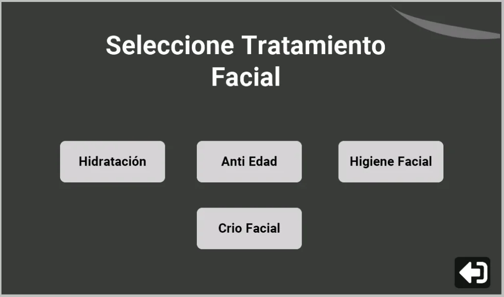 Pantalla táctil del equipo estético mostrando el menú de selección de tratamientos con categorías claras: Corporales, Faciales (Hidratación, Anti-edad, Higiene, Crio Facial), ADC Solo Frío y Dobles.
