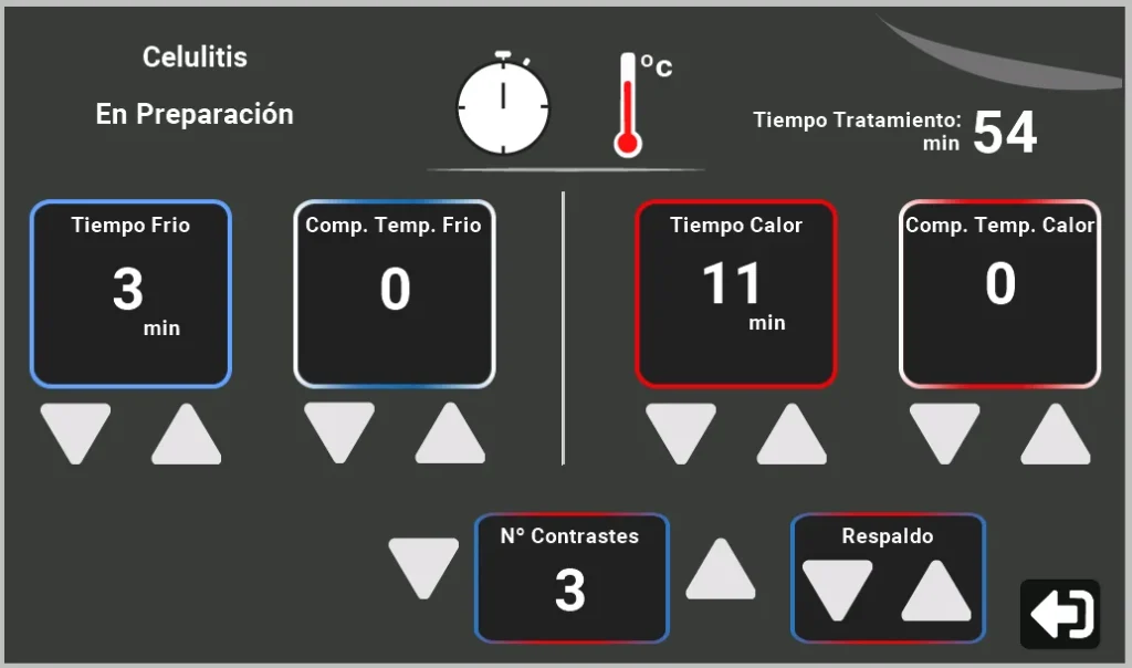 Pantalla táctil del equipo mostrando la configuración base de un tratamiento de celulitis con tiempos y temperaturas predefinidos, permitiendo al profesional ajustar parámetros de frío, calor y contrastes dentro de márgenes de seguridad integrados.