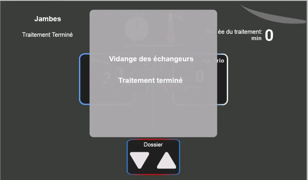 L'écran tactile de l'équipement esthétique affiche le statut « Traitement terminé » et le processus automatique de « Vidange des échangeurs » géré par le logiciel afin de garantir la sécurité du système.
