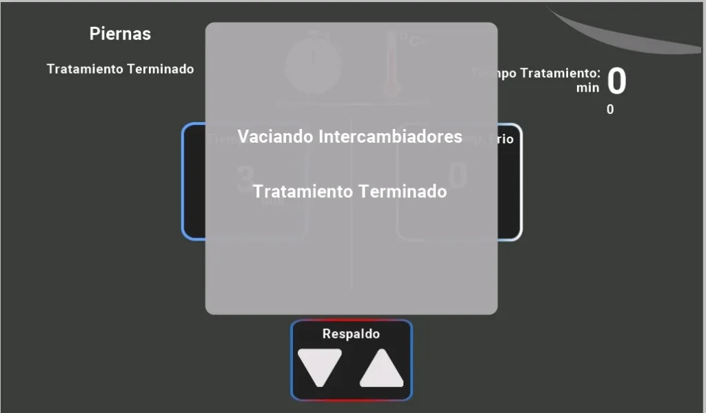Pantalla táctil del equipo estético mostrando el estado "Tratamiento Terminado" y el proceso automático de "Vaciando Intercambiadores" gestionado por el software para garantizar la seguridad del sistema.