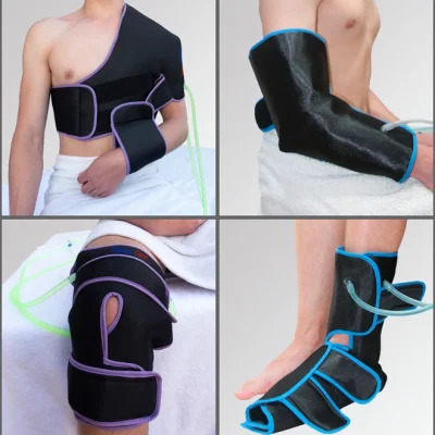 Image de différents dispositifs de soins thérapeutiques appliqués à l'épaule, au coude, au genou et à la cheville, combinant cryothérapie, thermothérapie, contrastes thermiques et compression séquentielle pour une récupération musculaire efficace.